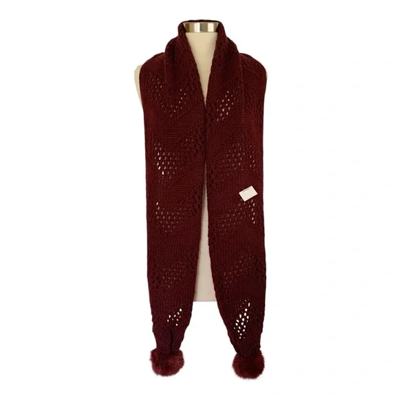 MixIt Maroon Acrylic Knit Scarf with Faux Fur Pompoms - Picture 7 of 7